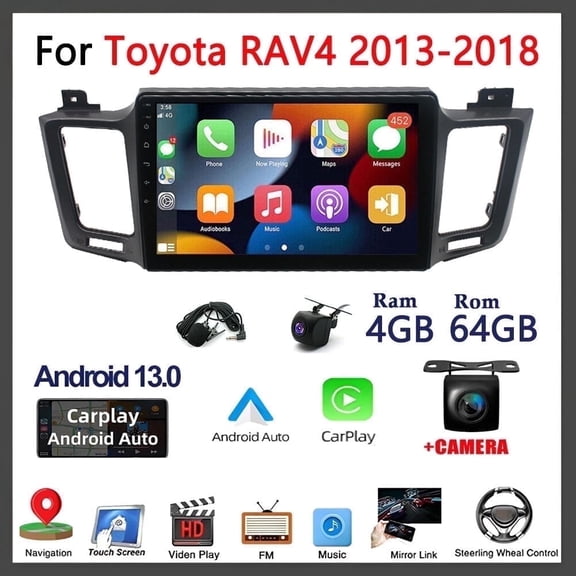 Car Stereo Radio for Toyota RAV4 2013-2018 10" Android 13 Touchscreen 4+64G, Vehicle GPS Navigation Wireless CarPlay Android Auto