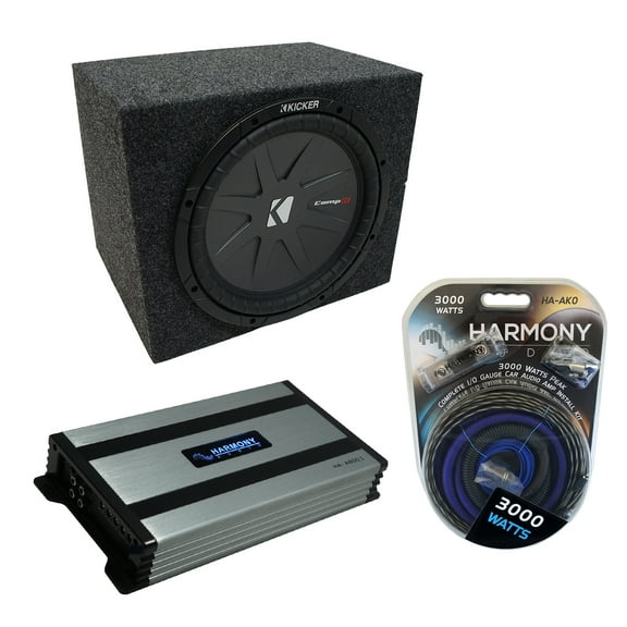 Car Stereo Rearfire Sealed Single 10" Kicker CompR CWR10 Sub Box HA-A800.1 Amp