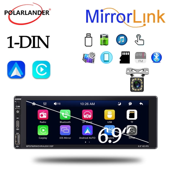 Car Stereo With Rear View Camera 1Din 6.9" FM/AM/RDS AI Voice Wireless Carplay Type-C Charging Bluetooth Multimedia MP5 Player Mirrorlink Android Auto