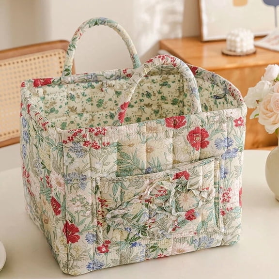 Car Storage Basket Organizer, Large Capacity Foldable Auto Bin with Handles, Boho-Chic Quilted Floral Storage Basket,Quilted Fabric Trunk & Back Seat Organizer for Groceries