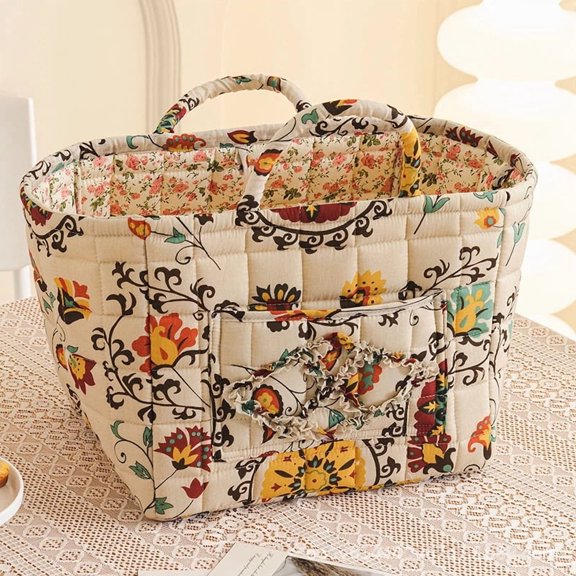 Car Storage Basket Organizer, Large Capacity Foldable Auto Bin with Handles, Boho-Chic Quilted Floral Storage Basket,Quilted Fabric Trunk & Back Seat Organizer for Groceries