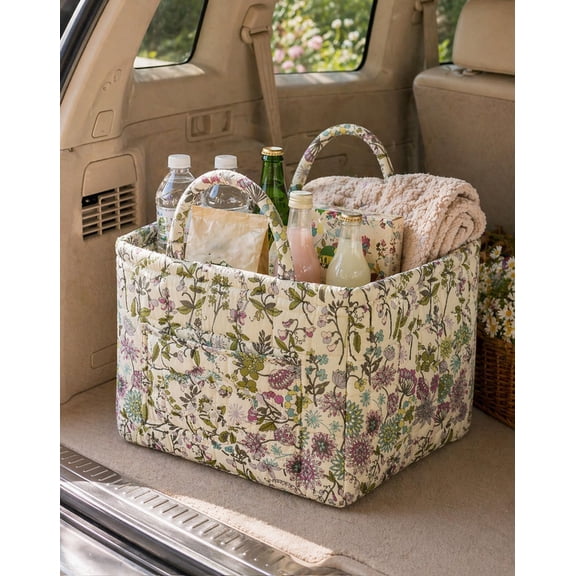 Car Storage Basket Organizer, Large Capacity Foldable Bin with Handles, Quilted Floral Fabric, for Trunk Front Seat Groceries Toys,12.6x10.2x9.8(#06)