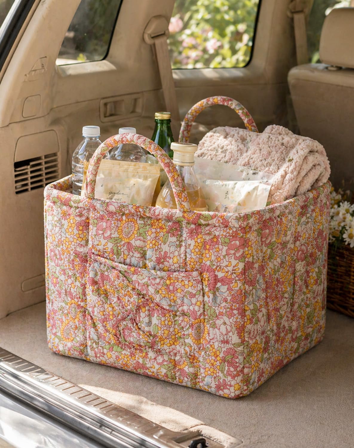 Car Storage Basket Organizer, Large Capacity Foldable Car Organizer with Handles, Quilted Fabric Auto Storage Bin for Trunk, Back Seat, Road Trips, Groceries, Toys & Accessories (Style-C)