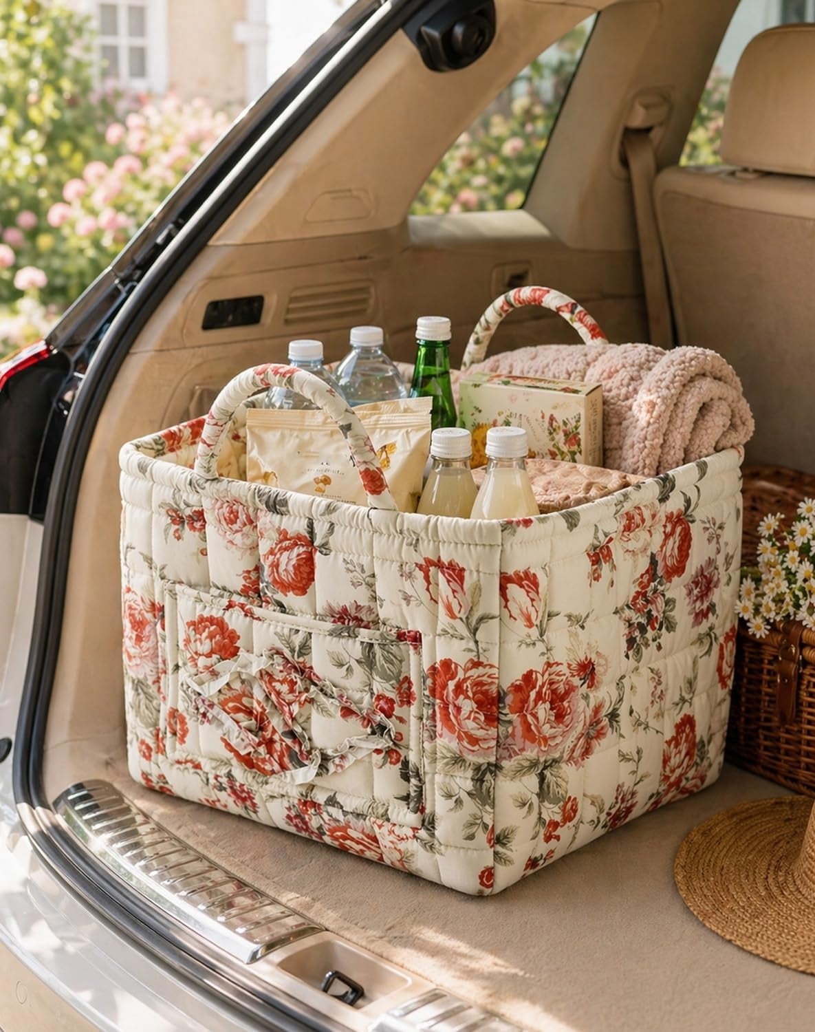 Car Storage Basket Organizer, Large Capacity Foldable Car Organizer with Handles, Quilted Fabric Auto Storage Bin for Trunk, Back Seat, Road Trips, Groceries, Toys & Accessories (Style-B)