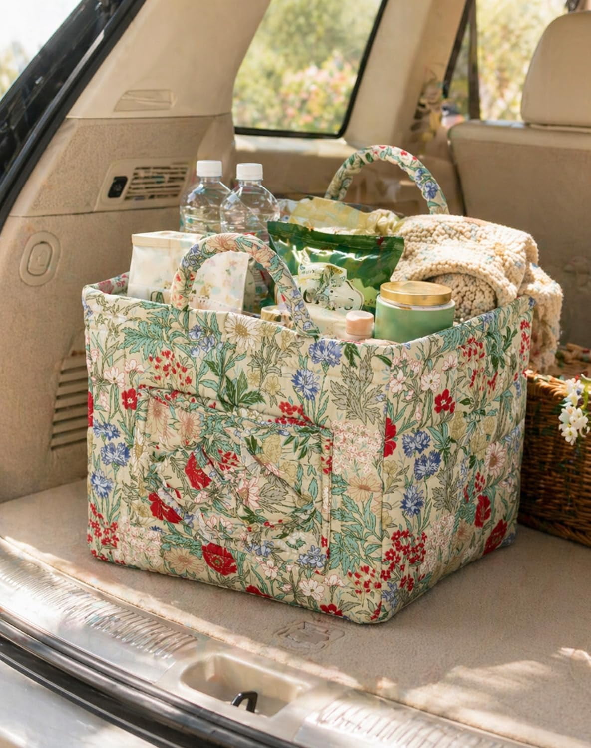 Car Storage Basket Organizer, Large Capacity Foldable Car Organizer with Handles, Quilted Fabric Auto Storage Bin for Trunk, Back Seat, Road Trips, Groceries, Toys & Accessories (Style-A)