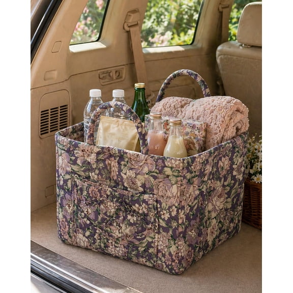 Car Storage Basket Organizer, Large Capacity Foldable Auto Bin with Handles, Quilted Fabric Trunk & Back Seat Organizer for Groceries,Style-H