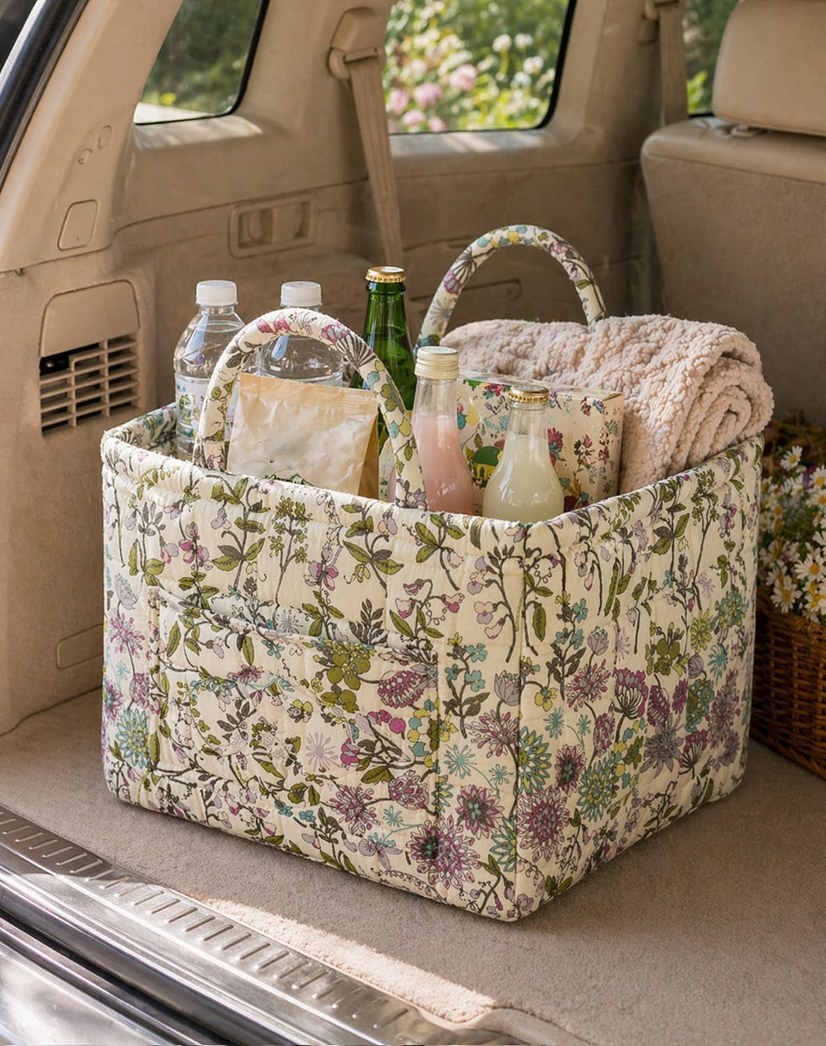 Car Storage Basket Organizer, Large Capacity Foldable Auto Bin with Handles, Quilted Fabric Trunk & Back Seat Organizer for Groceries,Style-E