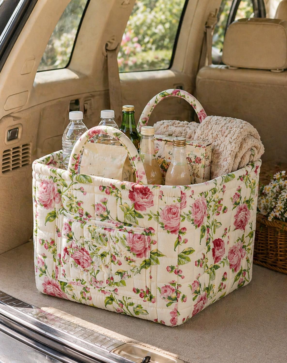 Car Storage Basket Organizer, Large Capacity Foldable Auto Bin with Handles, Quilted Fabric Trunk & Back Seat Organizer for Groceries,Style-D