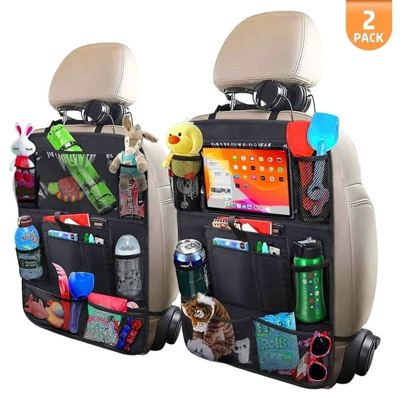 Xueyu Premium Backseat Organizers with Touchscreen Tablet Pocket, Car Storage for Family Road Trips, Holds iPad, Snacks, Toys, Diapers, Wipes, Fits 99% Cars, SUVs (Black)