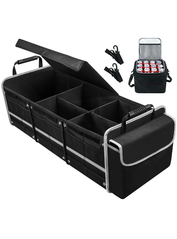 Car Storage Organizer, Collapsible Multi Compartment SUV Trunk Organizer with Leakproof Insulated Bag, Adjustable Securing Straps, Foldable Cover, Trunk Storage Box for Car, SUV, Truck, or Van