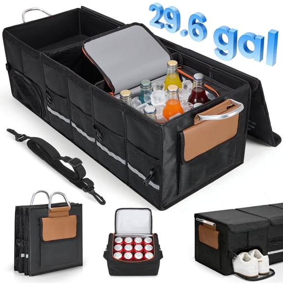 Doulami Car Trunk Organizer and Storage, 29.6 Gal Large Collapsible Trunk Organizers with Multi Compartment & Lid & Removable Leakproof Cooler Bag for Car, SUV, Truck, or Van