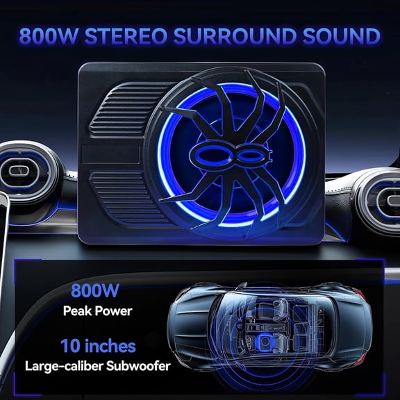 Car Subwoofer Box Featuring 800W Stereo Surround Sound And LED Ambient Lighting, Designed for Car Or Truck Audio with a Built-In Amplifier And High/Low Level Input Options