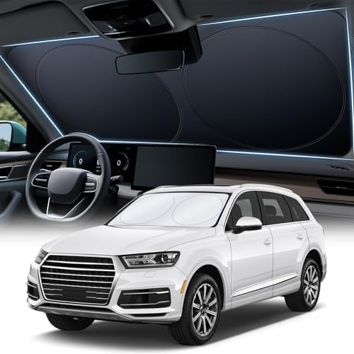 Car Sun Shade Windshield - Foldable Sun Car Window Shield 210T Coated Silver Cloth Reflective Polyester Material Blocks 99% UV Rays, Fits Most Windshields(Large63 x 35 in)