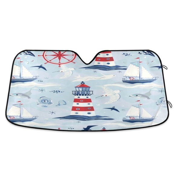 Car Sun Visor 55*27.6inch Windshield Sun Shield Car Sun Curtain Car Sun Shield Car Sun Insulation Suitable For Most Vehicles Cartoon Red Lighthouse