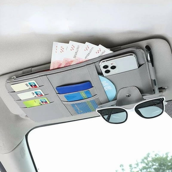 Car Sun Visor Organizer Auto Interior Accessories Storage Pocket Pouch PU Leather Cards Receipts Pouch With Zip-Gray