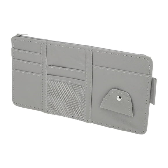 Car Sun Visor Organizer, Auto Visor Storage Pouch With Zipper W/ Elastic Slot with Sunglasses Holder for Cards License Pen Organizer PU Leather Grey