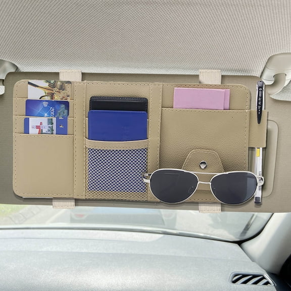 Car Sun Visor Organizer - Eyeglass Clip Sunglasses Holder - Multi Functional Storage Pouch for Documents, Cards, Pen, Bills - Slim Leather Visor Organizer for Cars, Trucks, SUVs, Off-Road Vehicle