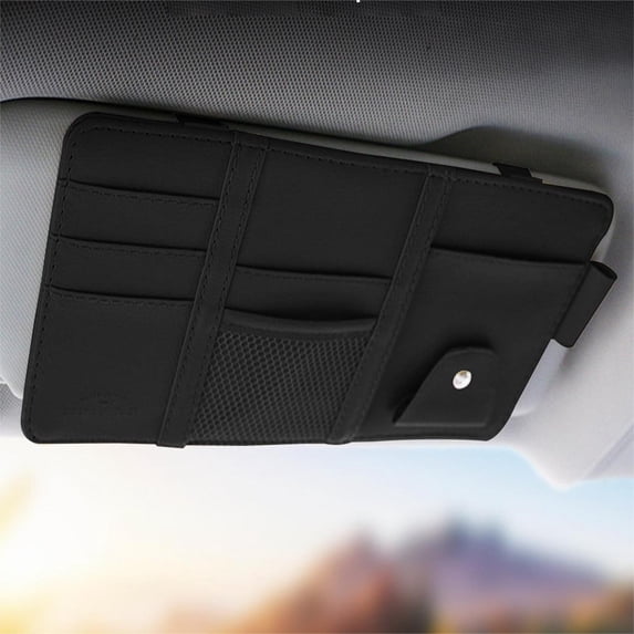 Car Sun Visor Organizer,Leather Personal Belongings Storage Pouch with Zipper,Large Capacity Multi Pocket No Drill Car Organizer,Ideal for Storing Phone,Cards and Glasses