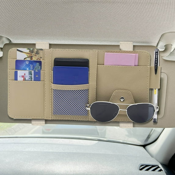 Car Sun Visor Organizer, Leather Storage Pocket Sun Visor Pouch with Zipper for Cards License Registration Pen Glasses Document, Fits Most Car SUV, Auto Interior Accessories