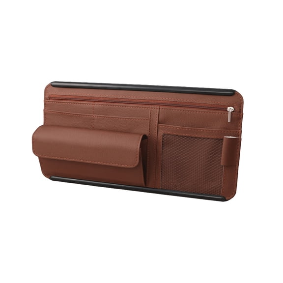 Car Sun Visor Organizer, Leather Sun Visor Pocket Organizer Case with Multi-Pocket Net Zipper, for Card Pen Sunglasses Document Brown