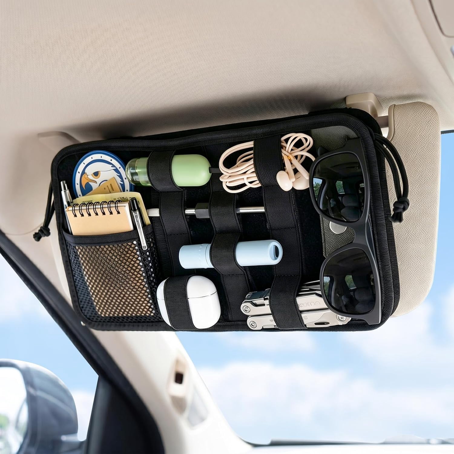 Car Sun Visor Organizer, Multi-Pocket Organizer Storage Pouch, Heavy Duty Molle Panel with Double Zippers, Elastic Bands & Glasses Clip, Tactical Pouch for Cars, SUVs, Trucks
