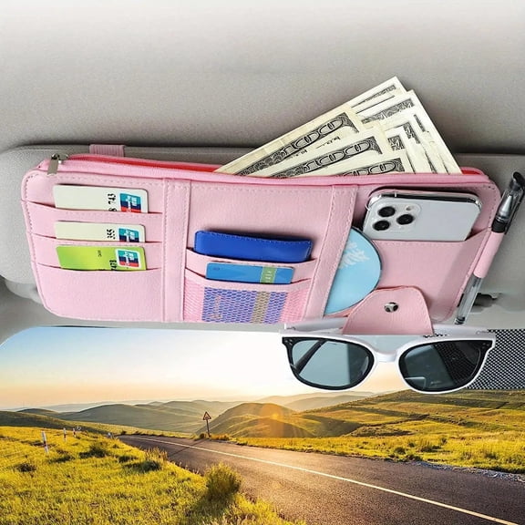 Car Sun Visor Organizer, PU Leather Auto Truck Visor Storage Organizer Multi Pocket Pouch and Accessories Organizer Holder, Pink