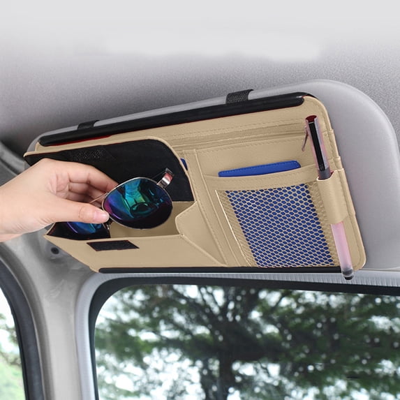 Car Sun Visor Storage Bag, Leather Multi Compartment Design, Glasses and Card Organizer, Easy Visor Mount, Vehicle Storage Pouch for 4th of July Holiday Travel Daily Car Use