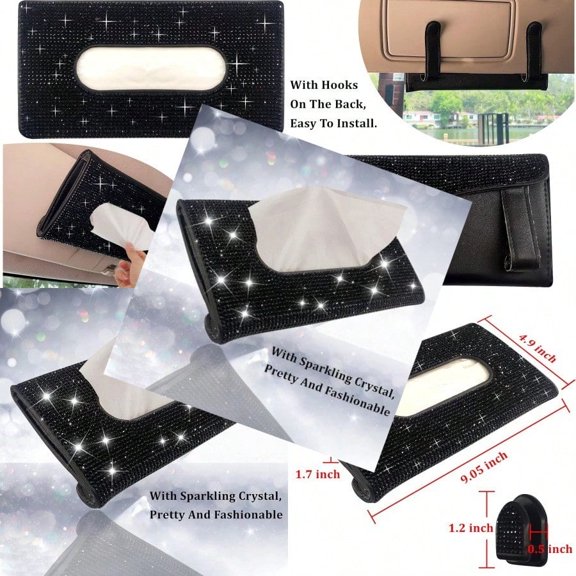 Car Sun Visor Tissue Box HolderDermasy Hanging Car Sparkly Crystal PU Leather Napkin Case Holder Bling car Accessories for Women and Ladies Black