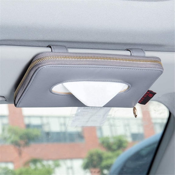 Car Sun Visor Tissue Holder, Napkin Holder, PU Leather Backseat Tissue Case Holder for Car Vehicle with Zipper (Grey)