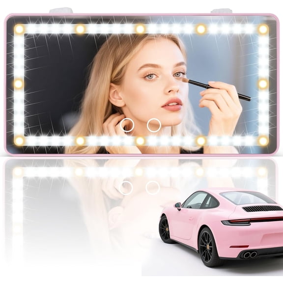 Car Sun Visor Vanity Mirror - Rechargeable Makeup Mirror with 60 LEDs, 3 Light Modes & Dimmable Touch Control for Cars, Trucks, SUVs, Car Interior Accessories for Women (Pink)