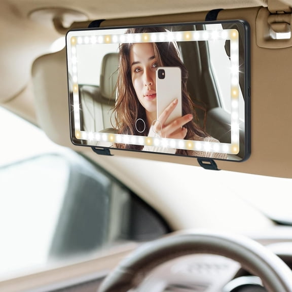 Car Sun Visor Vanity Mirror with Lights, 3 Light Modes & 60 LEDs, Rechargeable Dimmable Touch Control Travel for Truck SUV