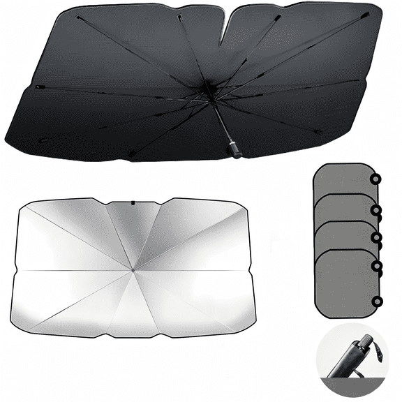 Car Sunshade Front Windshield Sun Protection Heat Insulation Shading Summer Universal Large Titanium Silver and 4 Mesh Side Baffles