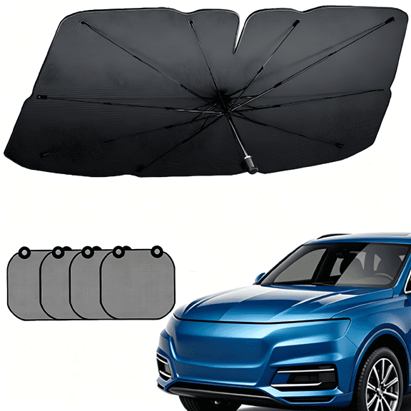 Car Sunshade Front Windshield Sun Protection Heat Insulation Shading Summer Universal Small Titanium Silver and 4 Mesh Side Baffles