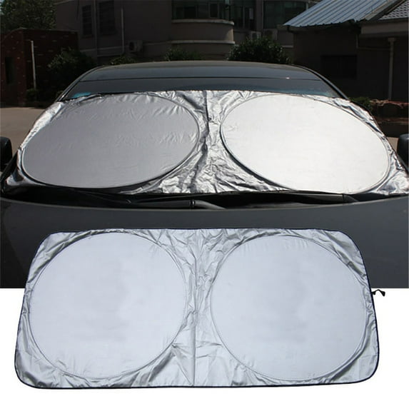 Car Sunshade Windshield Double Ring Foldable, 150x70cm Front Window Sun Screen Heat Insulation, UV Ray Block Privacy Protection, Summer Interior Cooler Storage Bag Included