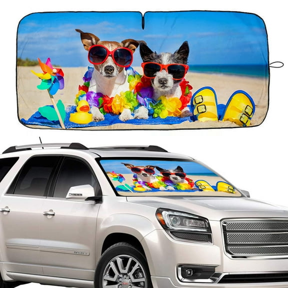 Car Sunshade Windshield with Flower Dogs Design, iClover Foldable Front Auto Car Windowshield Sun Shade Folding Silvering Sun Visor - UV Coating for UV Ray Deflector Full Protection L Size