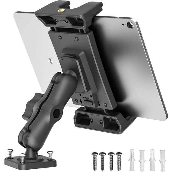 Car Tablet Holder - Heavy Duty Drill Base, Mount for Truck Compatible with iPad Tab 5"-13" Tablets and Phones, Stand Wall/Business/Vehicle/Desktop, etc. 4-inch Arm
