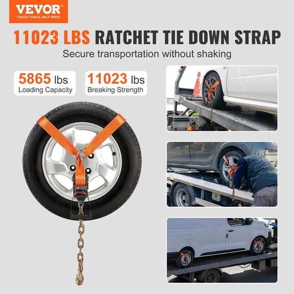 Car Tie Down with Chain Anchors,Lasso Style 2"120"Tire Straps,5865 LBS Working Load,11023 LBS Breaking Strength,with Heavy Duty Ratchets for Passenger Car,ATV,SUV,UTV,Truck,4-Pack