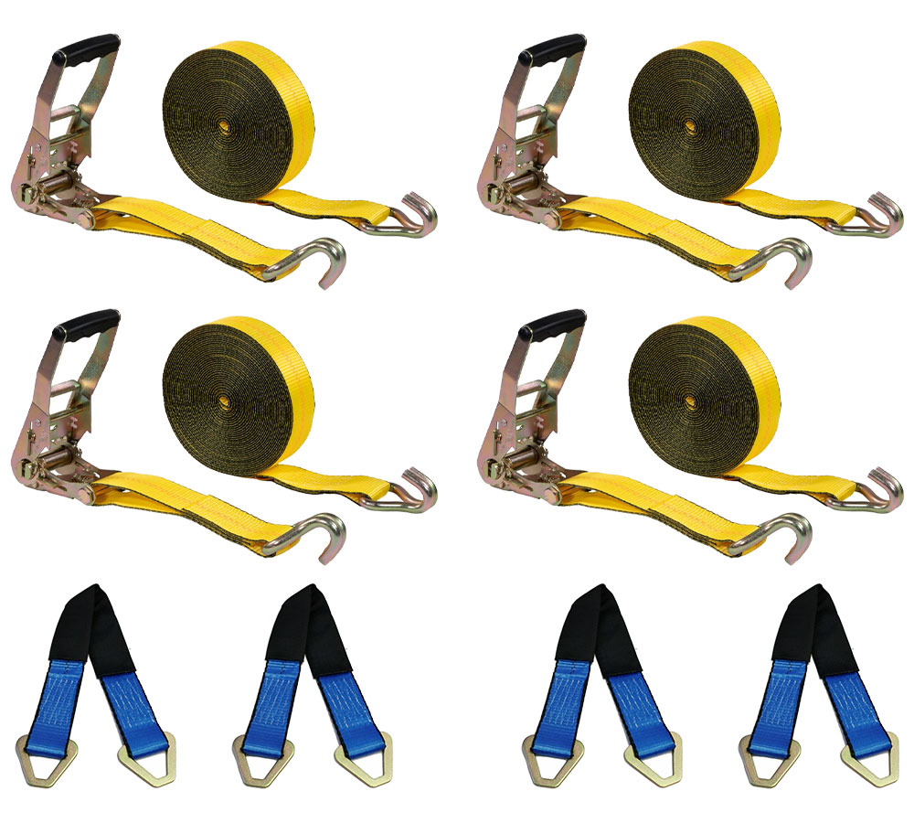 Car Tie Down Straps Kit for Trailers - 4PK 2" x 40' Yellow Ratchet Strap with J Hooks 10,000 lbs BS & 4PK 2" x 36' HD Axle Straps for Car Hauler, Tow Truck