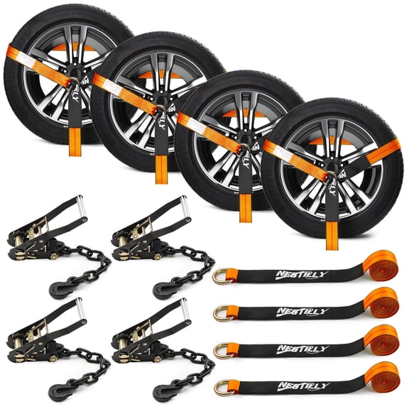 Car Tie Down Straps for Trailers, Tire Ratchet Straps with Heavy Duty Chain Anchors Hooks, 4 Pack 2" x10' 10,000lbs Break Strength, Car Hauler Tire Lasso Wheel Straps for UTV,Powersports, Any Cars