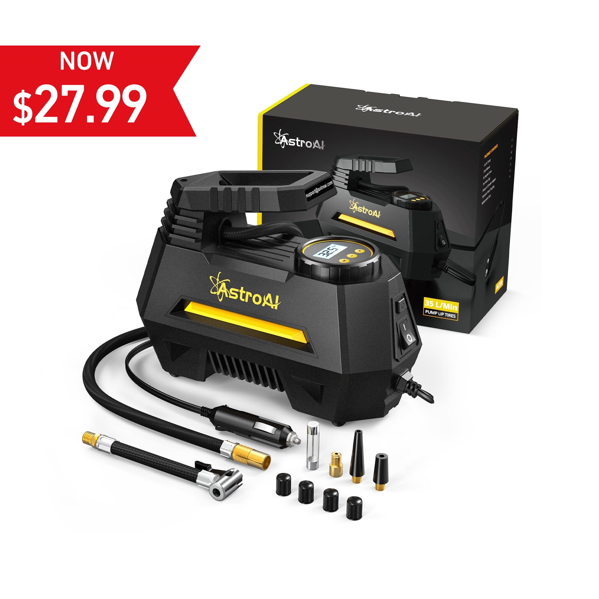 AstroAI Tire Inflator Air Compressor, Portable Electric Air Pump Fast Inflation for Car, with Auto Shutoff, Emergency LED Light, 100PSI Digital Pressure Gauge, Inflatables Tire Pump, Yellow
