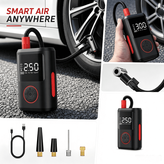 Car Tire Inflator Portable Air Compressor -Bike Air Pump, Rechargeable Battery, Pressure Gauge Display, LED Light, Automatic Car Cordless Pump for Motorcycle, Bike, Ball