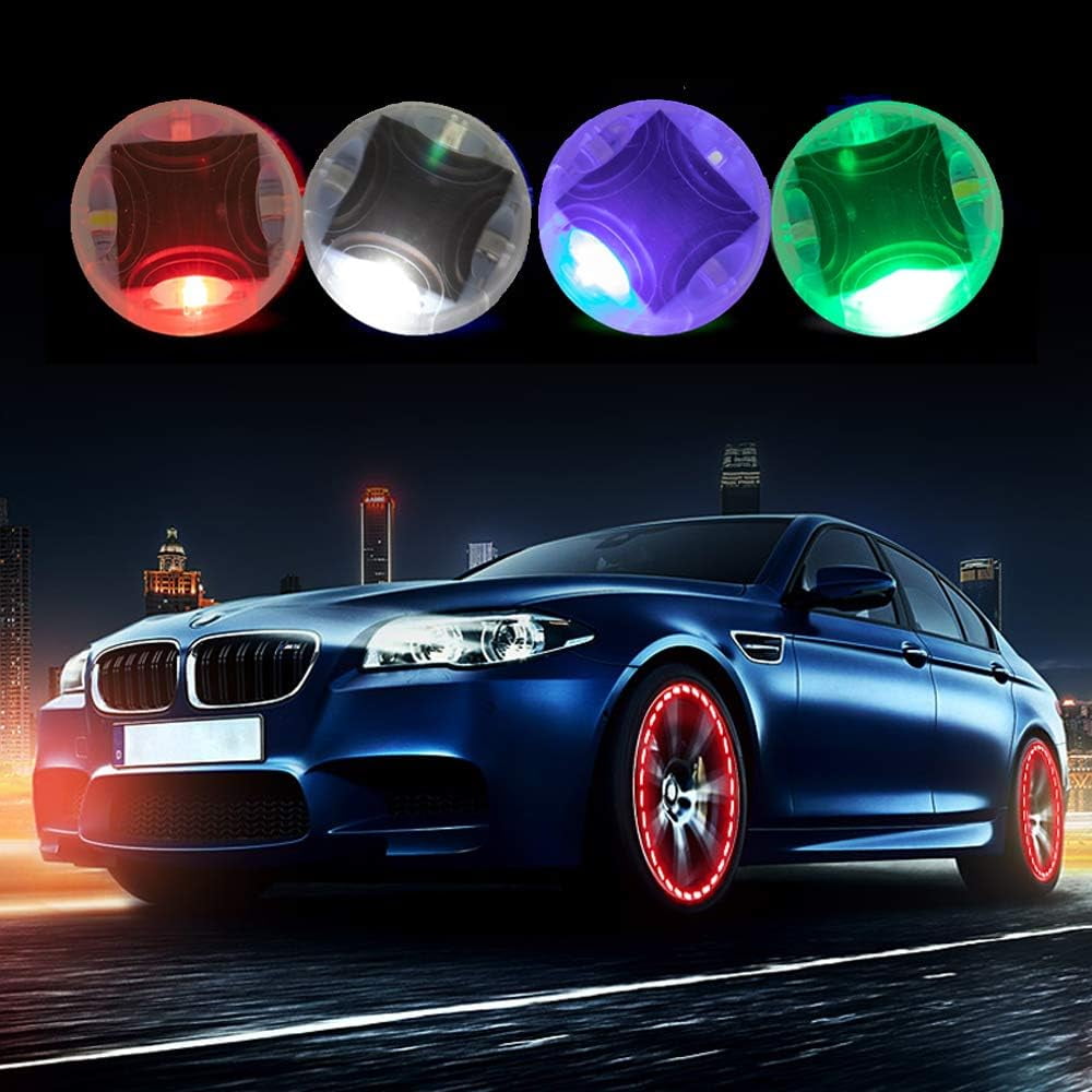 Car Tire Wheel Lights, 4Pcs Air Valve, Solar Valve Cap with Motion Sensors Colorful Flashing LED Light Gas Nozzle for Bicycle Motorcycles