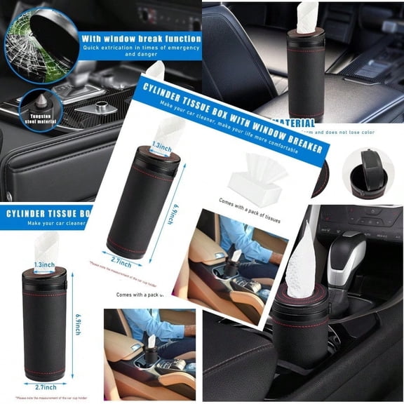 Car Tissue Holder Auto Cylinder Tissue Box with Window Breaker Leather Round Tissues Container for Vehicle Home Office Use Travel Facial Tissues Organizer Car Accessories Black