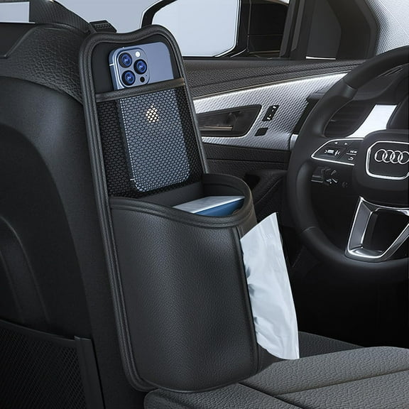 Car Tissue Holder, Leather Car Seat Storage Box, Multifunctional Kleenex Holder Car Seat Back Organizers with Mesh Net Pockets