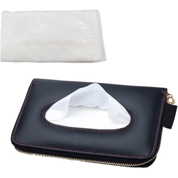 Car Tissue Holder, Leather Car Sun Visor Napkin Box with Tissue Refill, Auto Backseat Paper Carton Mask Dispenser with Zipper, Universal Hanging Vehicle Towel Clip for RV, SUV, Truck (Black)