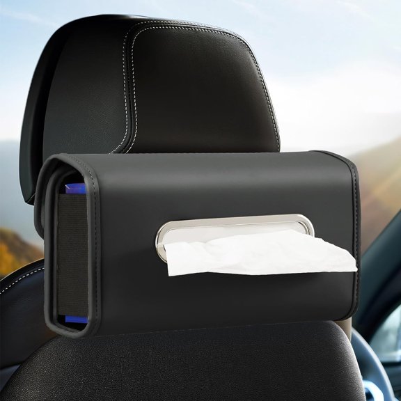 Car Tissue Holder, WHHMK Box Cover Keep Tidy, Premium PU Leather Backseat Napkin Rectangle Organizer, Extra Large Storage in Auto Fits for 100-150 Regular Size Tissues, Black