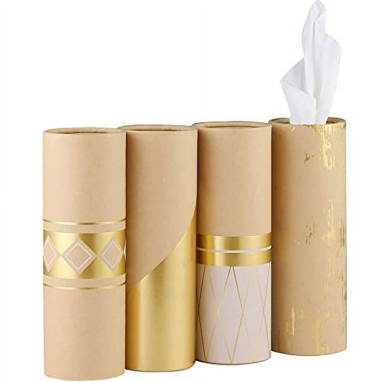 Car Tissue Holder with 3-ply Facial Tissues Bulk - 4 PK Gold Foil Cylinder,  for Car, Travel Cup Holder, Refill Box Round Container Kraft 