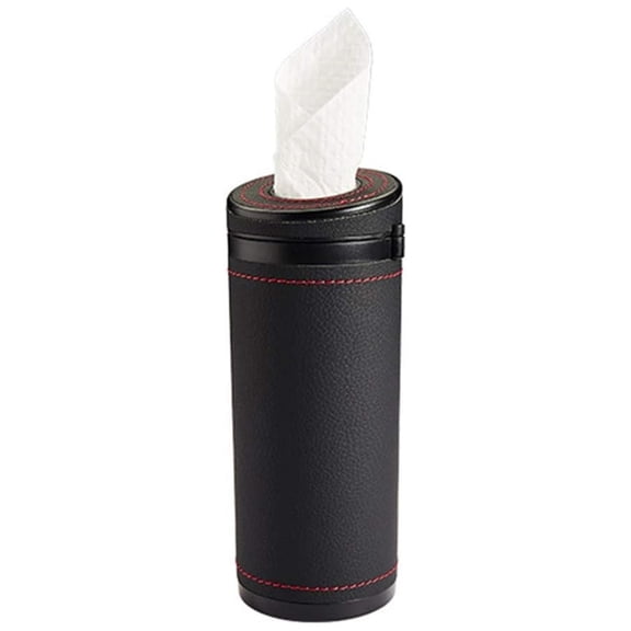 Car Tissue Holders, Car Cup Holder Tissues Tube PU Leather Cylinder Tissue Box for Car Bathroom Office Use-black