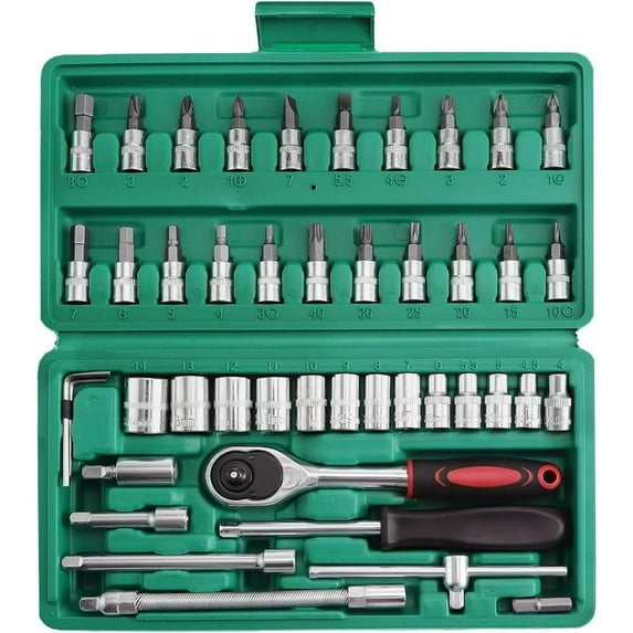 46 Pieces 1/4-Inch Drive Industrial Grade Socket Ratchet Wrench Set, Bit Socket Set Metric and Extension Bar, Compact Sockets Set for Car Repair and Household Use, Mechanic Tool Kit with Storage Case