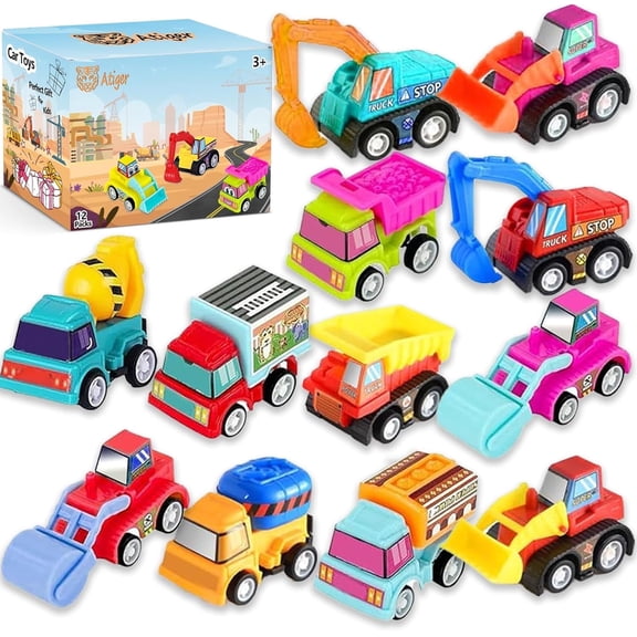 Car Toys for Ages 3-5 Toddler, 12pcs Pull Back Cars Truck Vehicles Set for Boys Girls, Mini Assorted Construction Vehicle Toy Party Favors, Potty Training Reward for Kids